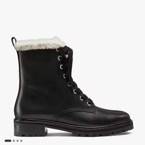 Kate Spade Jemma Black Leather Combat Boots | Faux Fur Lined Winter Ankle Bootie